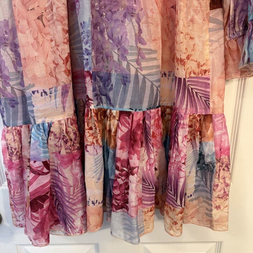 Johnny Was Silk Blend Dress MED Mini Pink Floral Semi-sheer Ruffle Patchwork EUC - Picture 10 of 16